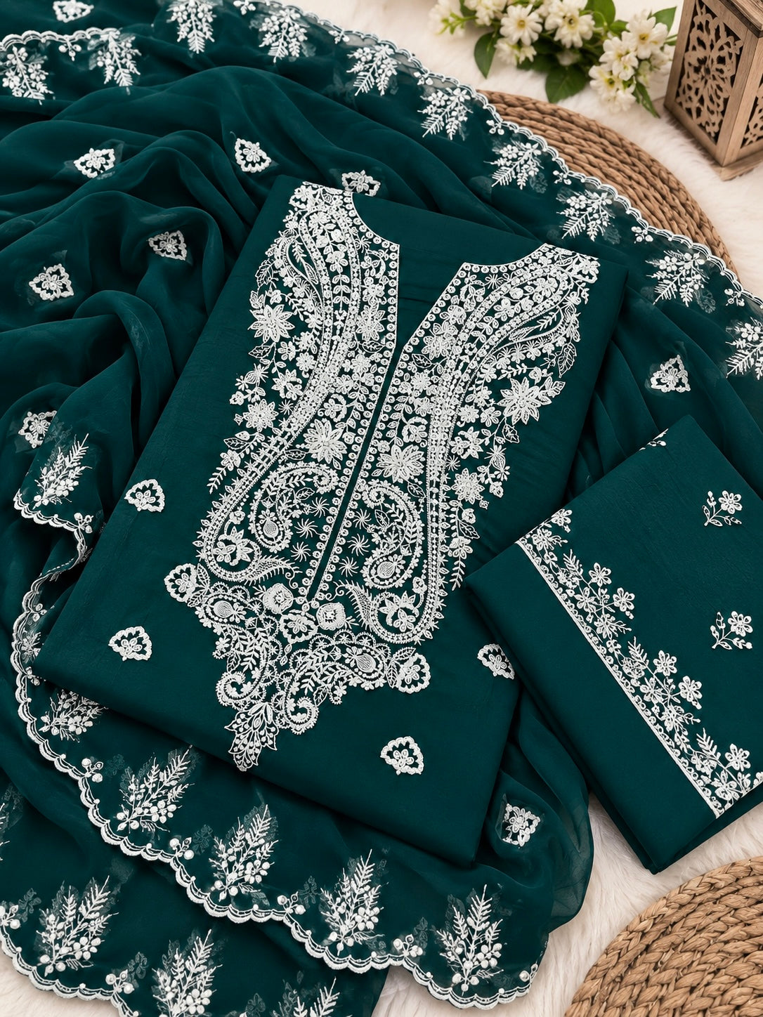 Kashmiri 3MM Sitara Embroidery Soft Cotton Fabric With Cutwork Border Chiffon Dupatta - 3PC Unstitched Dress 👗