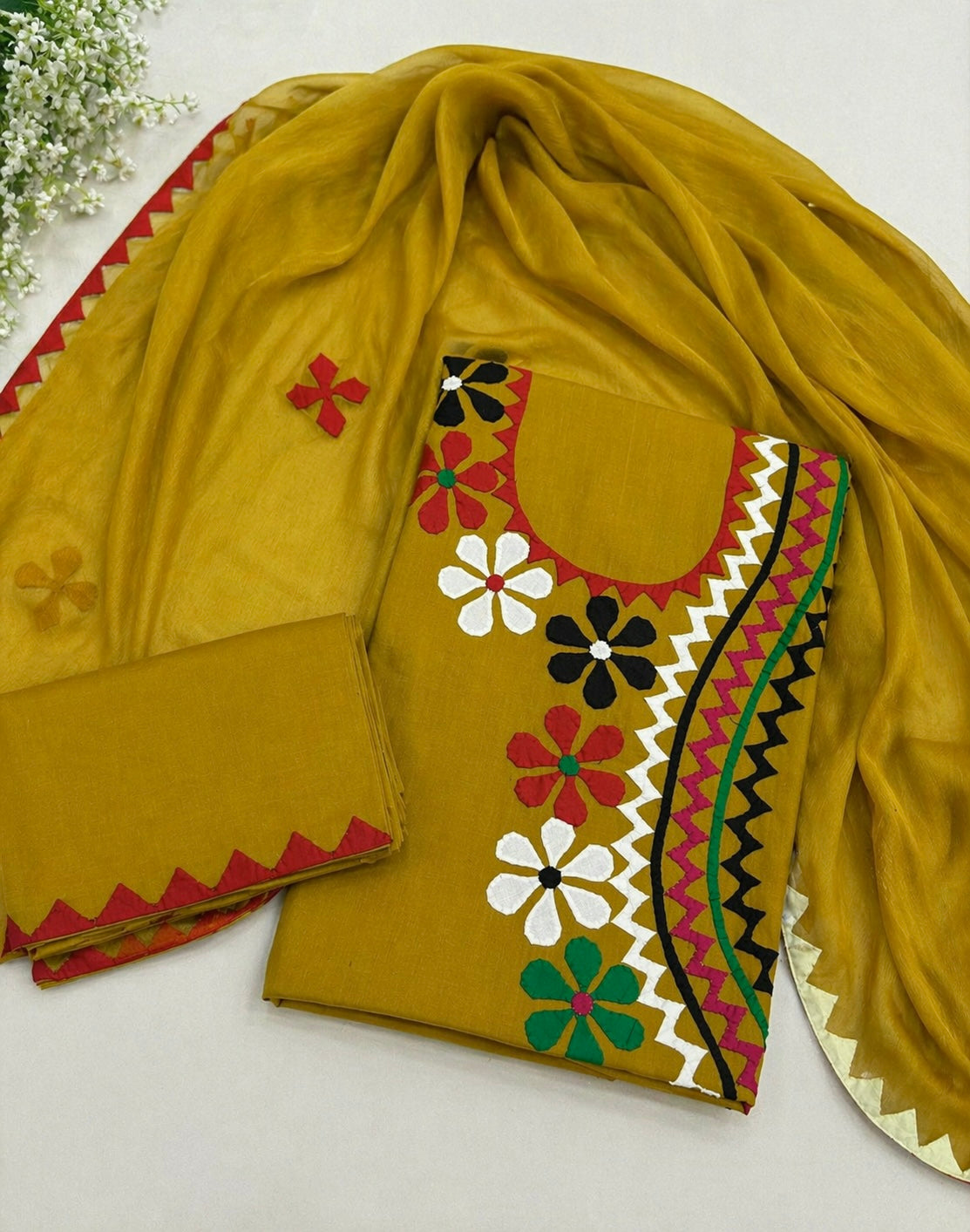 Angrakha Neck Style Multi Applique Work Handmade Lawn Cotton with Chiffon Dupatta - 3PC Unstitch Dress 👗