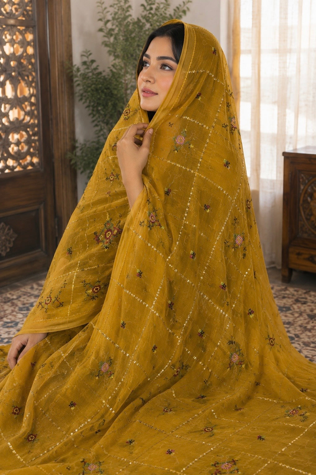 China Swiss Lawn Ladies Shawl with All Over Check Jaal Sequence Sitara Embroidery
