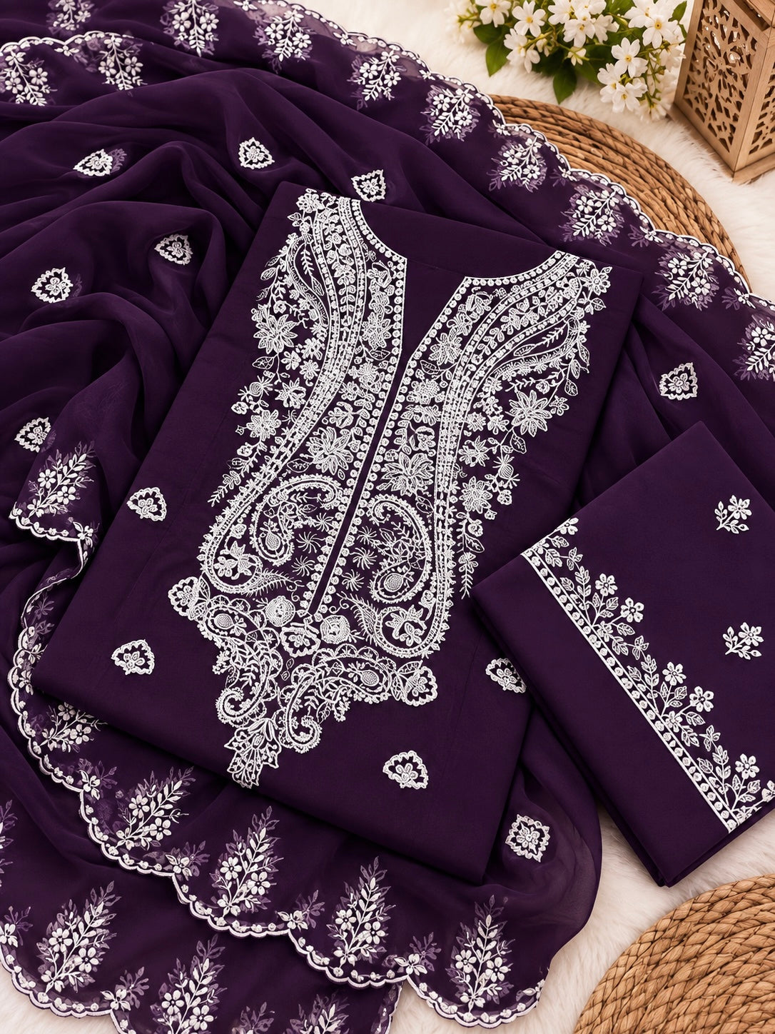 Kashmiri 3MM Sitara Embroidery Soft Cotton Fabric With Cutwork Border Chiffon Dupatta - 3PC Unstitched Dress 👗