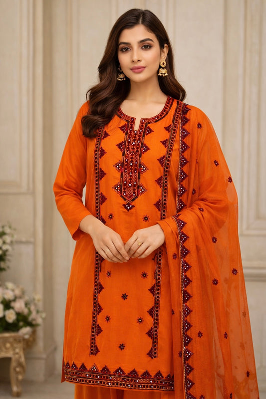 Balochi Sitara Foil Aari Machine Embroidery Soft Cotton with Chiffon Dupatta - 3PC Unstitched Dress 👗