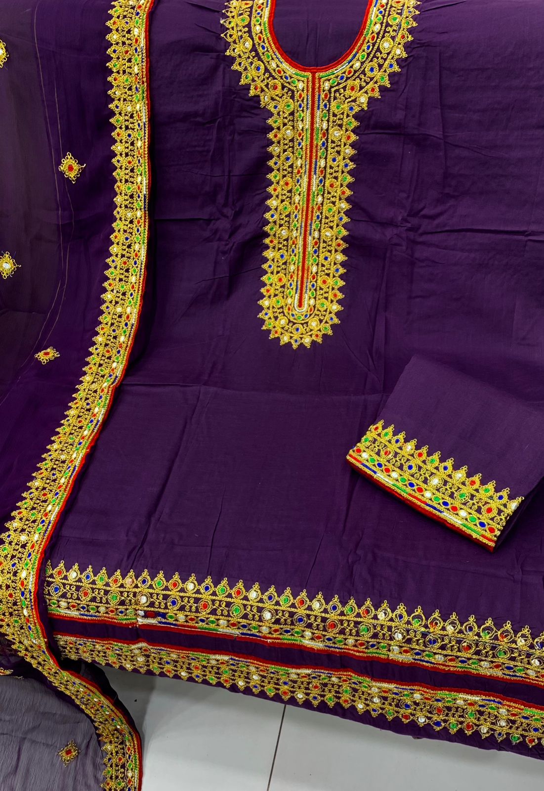 Winter Cotton 3-Piece Suit with Heavy Mukka Machine Work & Chiffon Dupatta