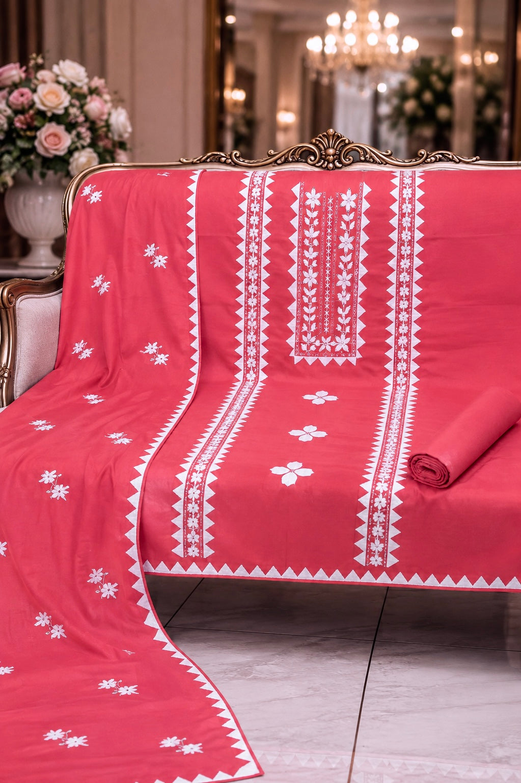 Handmade Applic Work with Thick Thread Embroidery Soft Cotton with Chiffon Dupatta - Unstitch 3PC Dress 👗