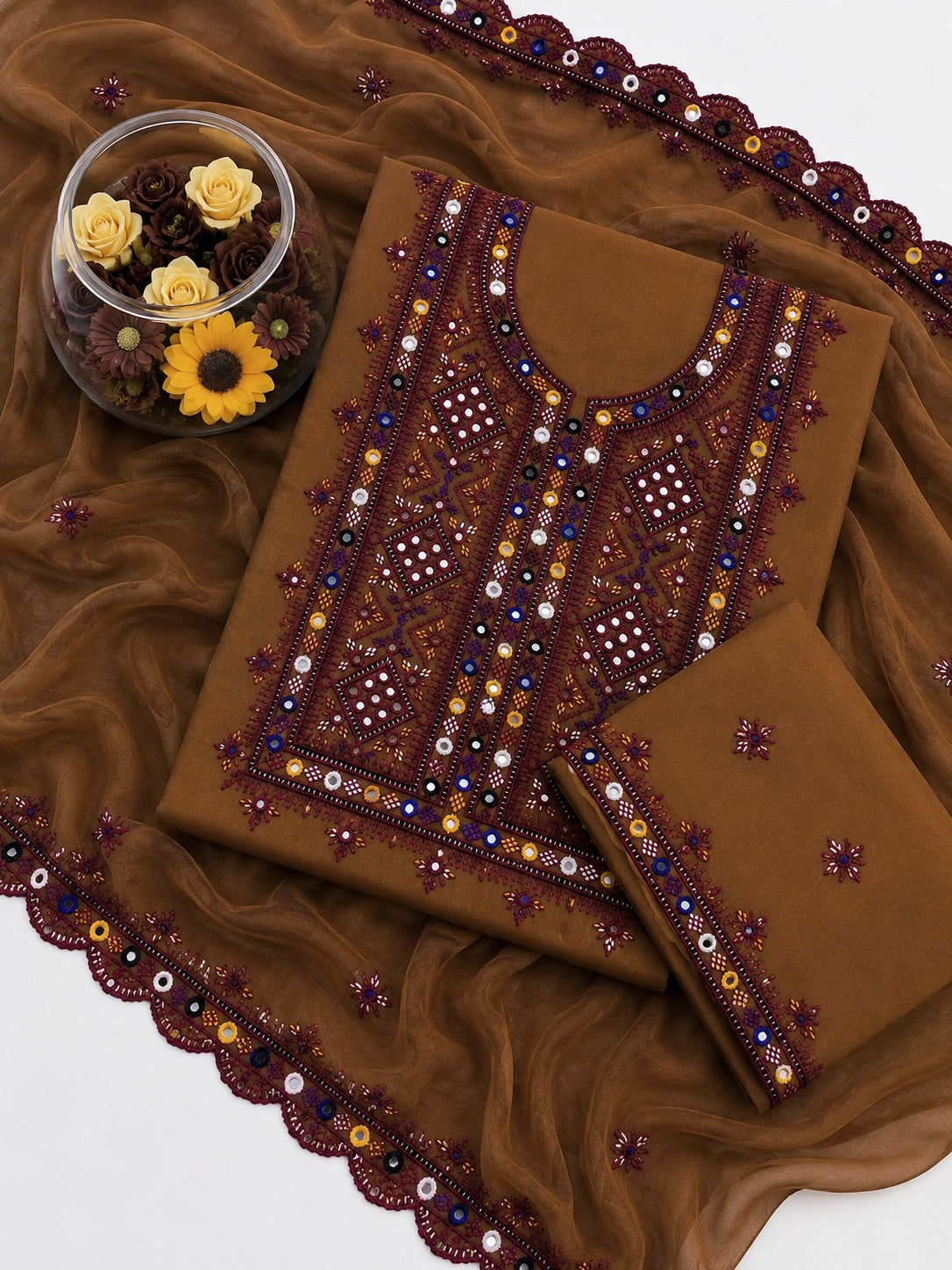 Balochi Thick Thread 9MM Sitara Work Machine Embroidered Soft Cotton with Two Side Cutwork Border Chiffon Dupatta - 3PC Unstitched Dress 👗