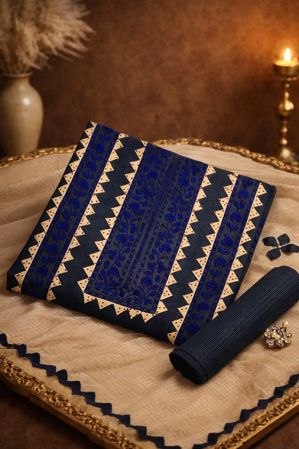 Applic Handmade 3-Piece Soft Cotton Khaddar with Net Karandi Dupatta - 3PC Unstitch Dress