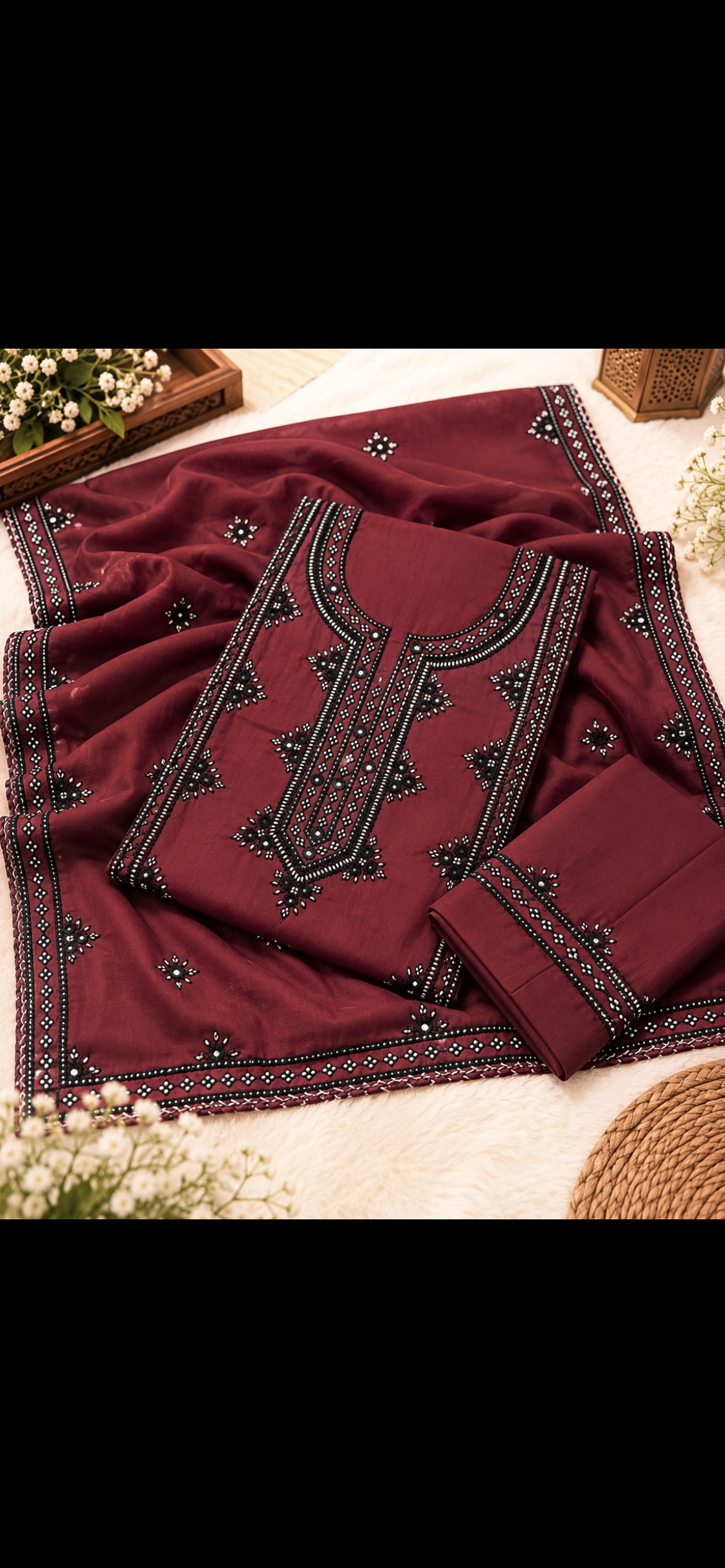 Balochi Handmade Gala Panel Original Mirror Work Soft Cotton  with Chiffon Dupatta - 3PC Unstitched Dress 👗