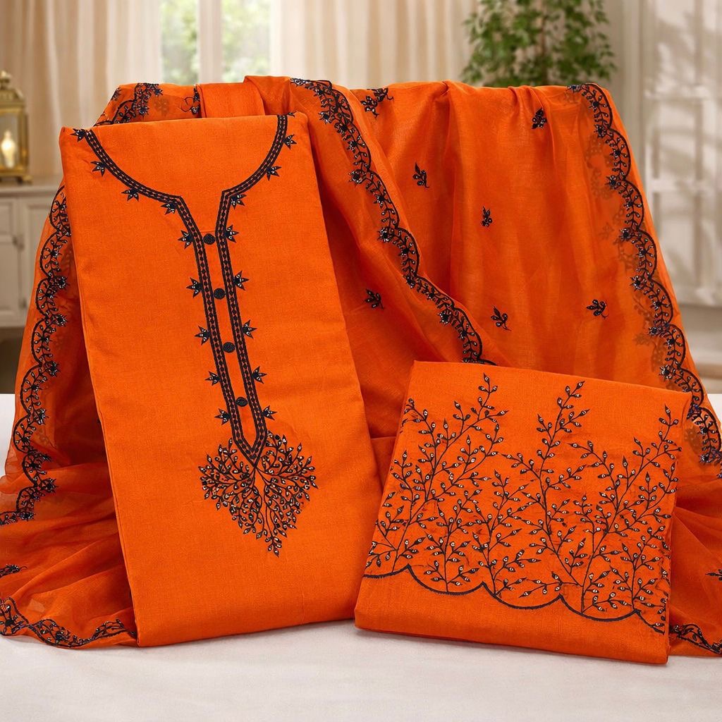 Embroidered 3-Piece Cotton Suit with Chiffon Dupatta | Golden Sequin Work