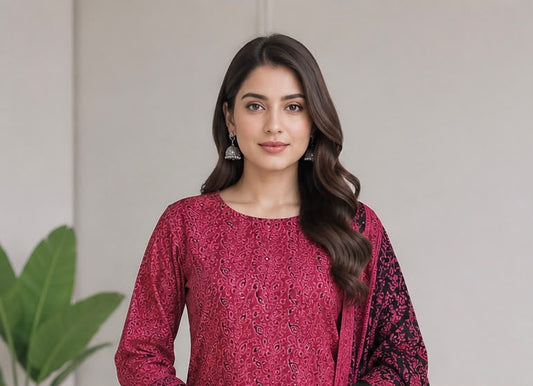 Malir Ajrak Block Print Cotton Fabric - Unstitched 3PC Dress