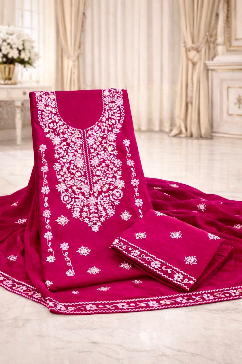 Elegant 3-Piece Pakka Thread 9MM Sitara White Embroidered 3PC Suit – | Lawn Cotton | Chiffon Dupatta