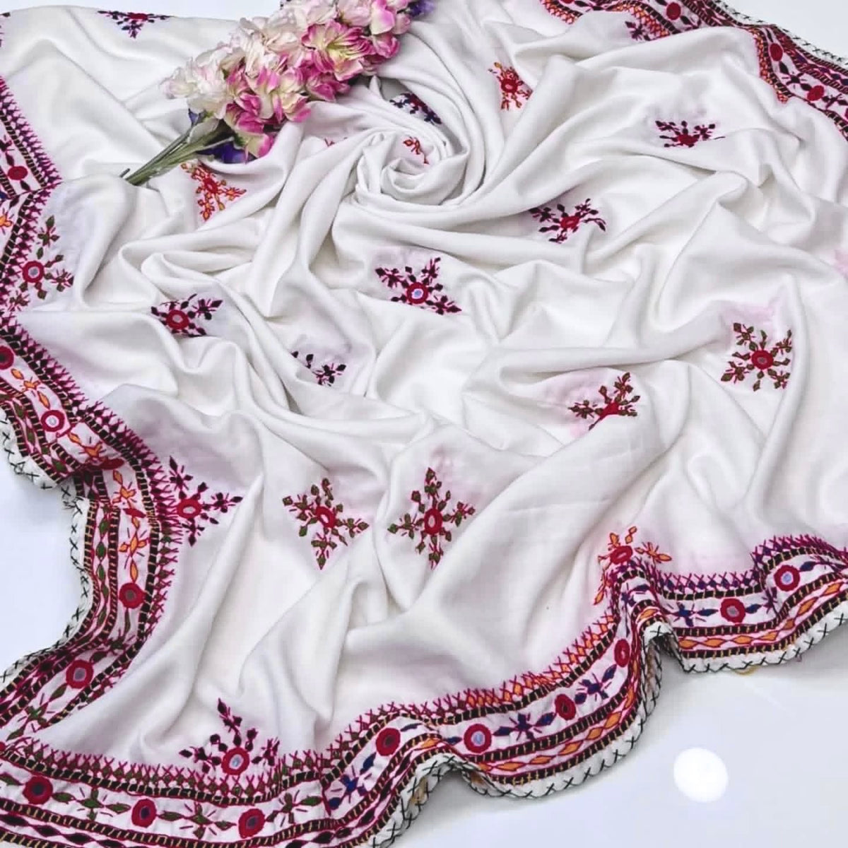 Balochi Four Border Swiss Voil Fabric Original Mirror Work Handmade Chadar