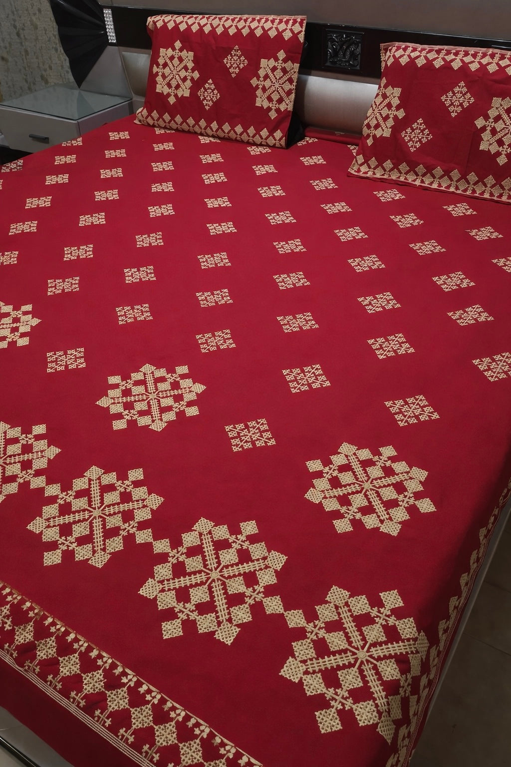 Luxury Cotton King Size Embroidered Bed Sheet Set (With Pillow Covers)