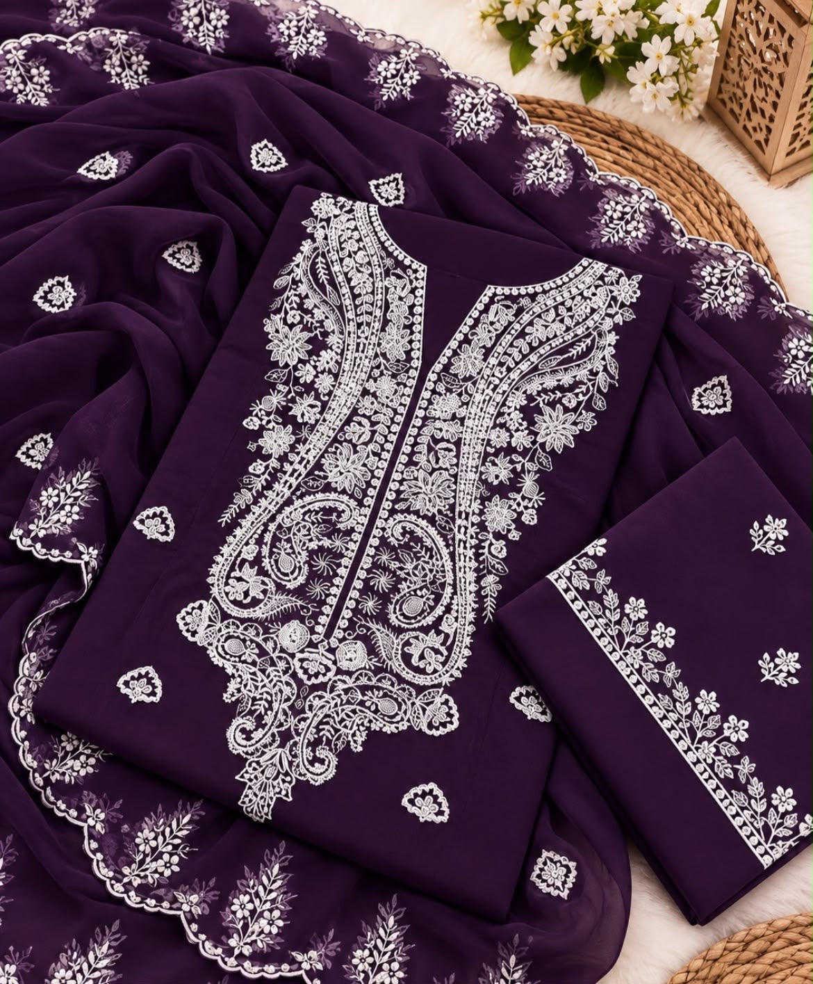 Kashmiri 3MM Sitara Embroidery Soft Cotton Fabric With Cutwork Border Chiffon Dupatta - 3PC Unstitched Dress 👗