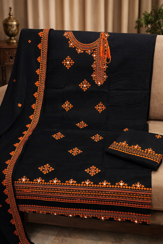 Angrakha Style Black & Orange Computer Embroidered Soft Cotton 3-Piece Suit with Mirror Work & Chiffon Dupatta
