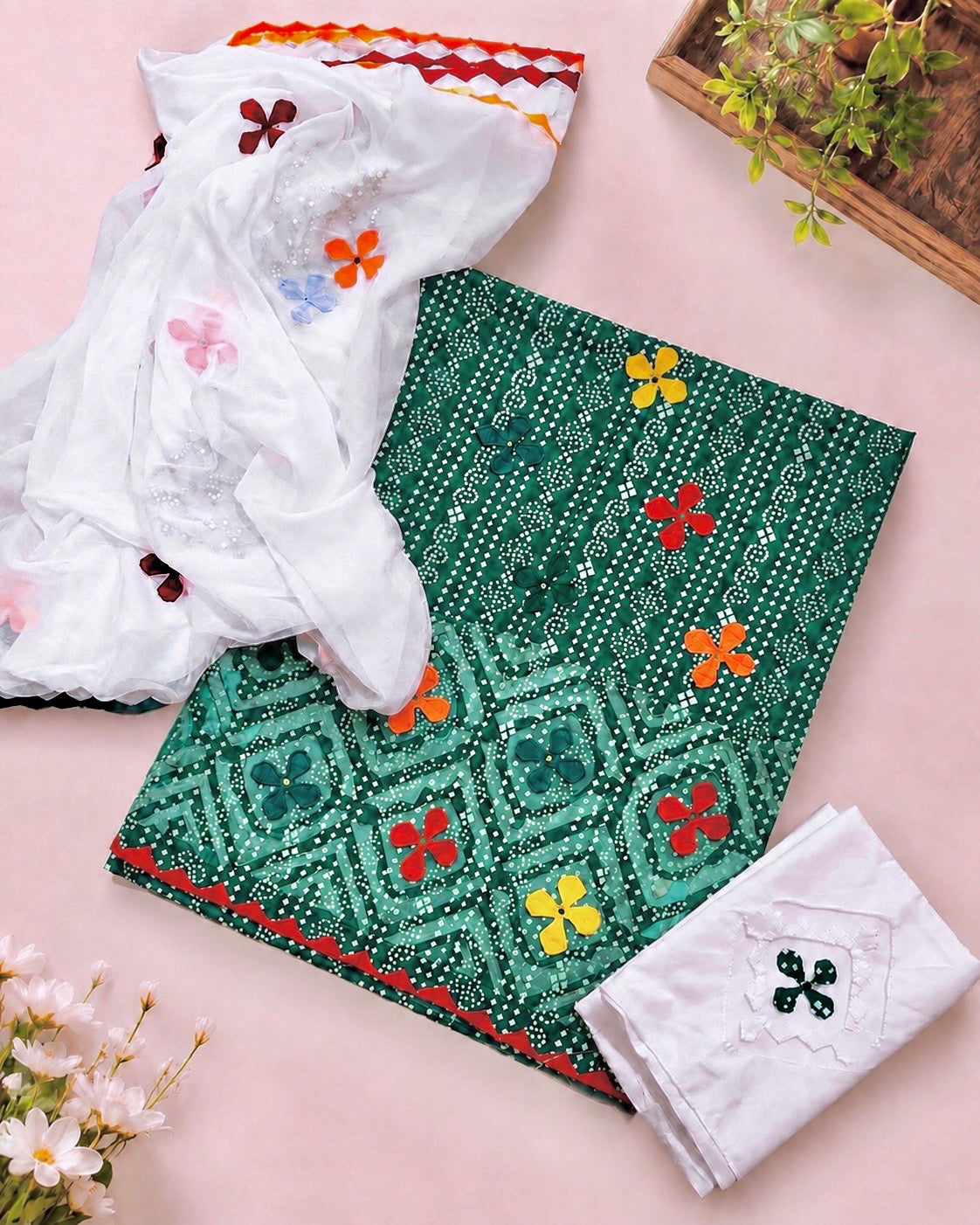Lawn Cotton Chunri Print Multi Applic Work Handmade with Chiffon Applic Work Dupatta - 3PC Unstitch Dress 👗