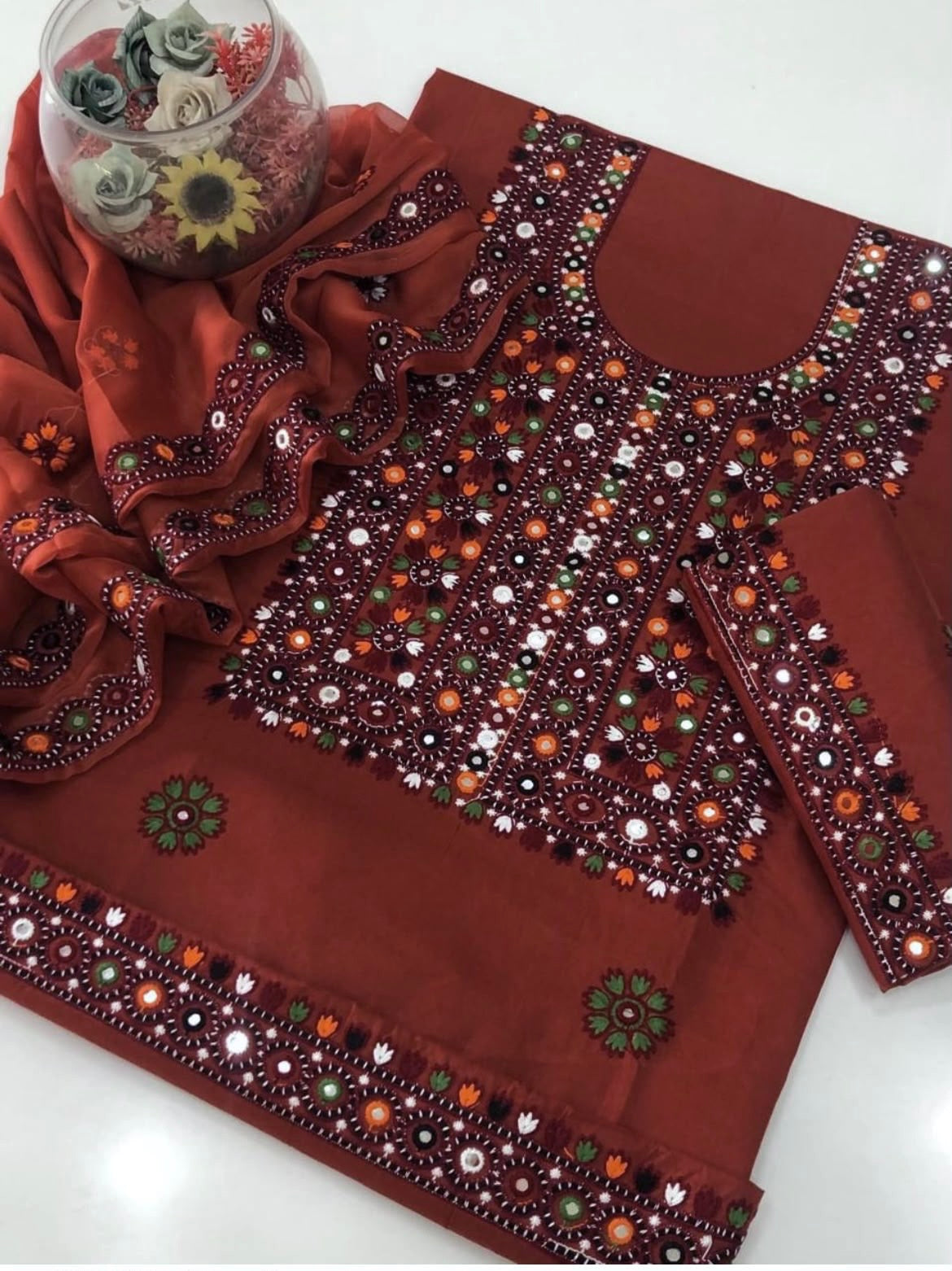 Balochi Multi Thick Thread 9MM Sitara Heavy Embroidered Soft Cotton with Chiffon Dupatta – 3PC Unstitched Dress