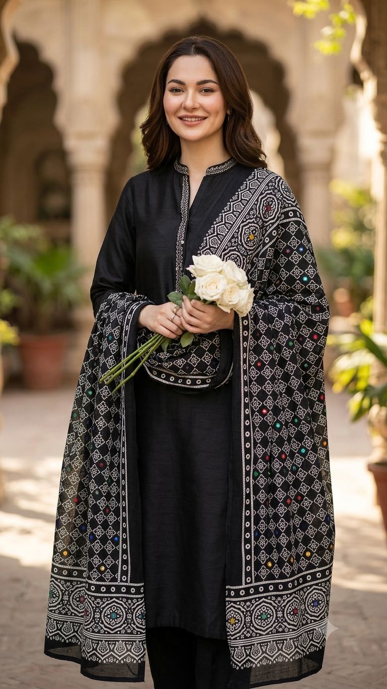 Traditional Block Print Cotton Fabric Multi Sitara Foil Embroidery Ajrak Shawl