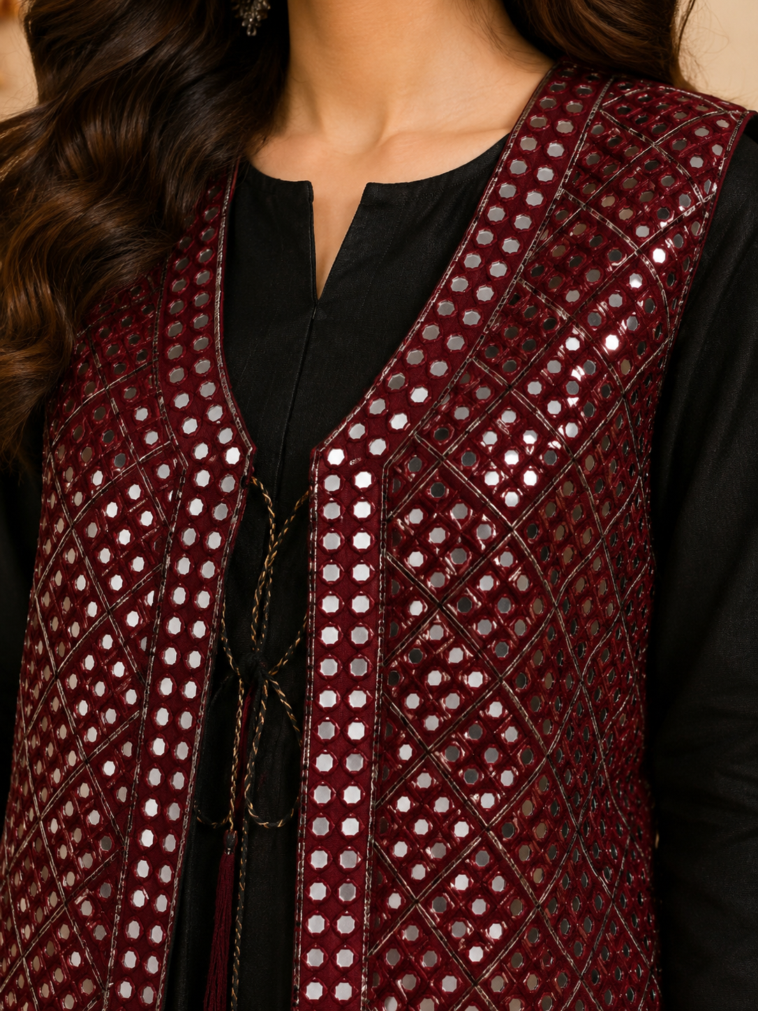 9MM Sitara Full Front Embroidered Ladies Traditional Koti – Maroon | Standard Size