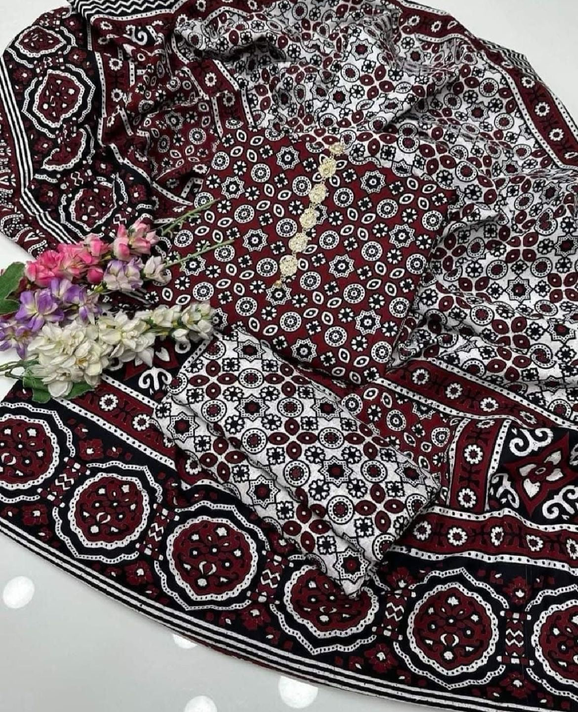 Hand Block Print Ajrak Cotton Unstitched 3-Piece Suit | All-Season Wear