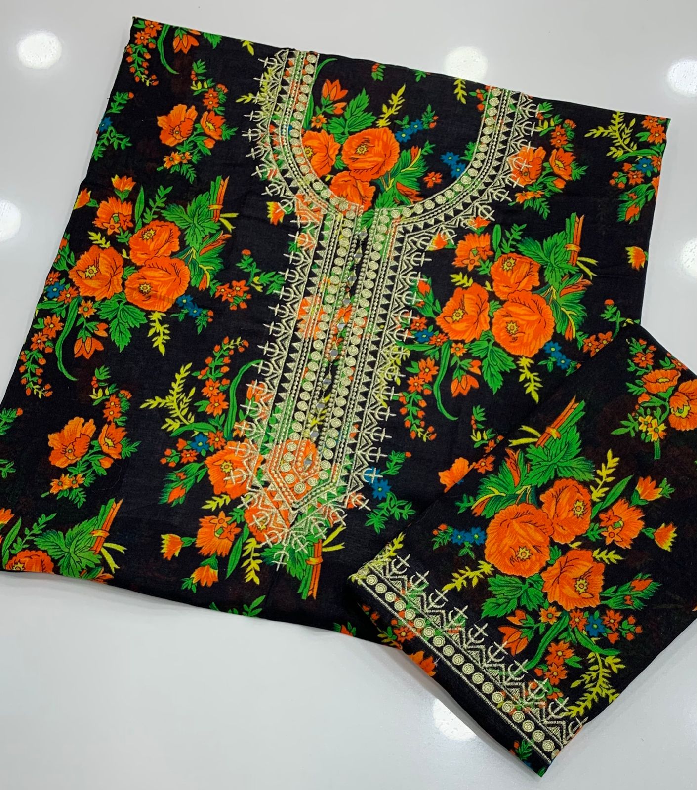 Winter 2-Piece Acrylic Marina Floral Print Suit with Zari Mirror Work