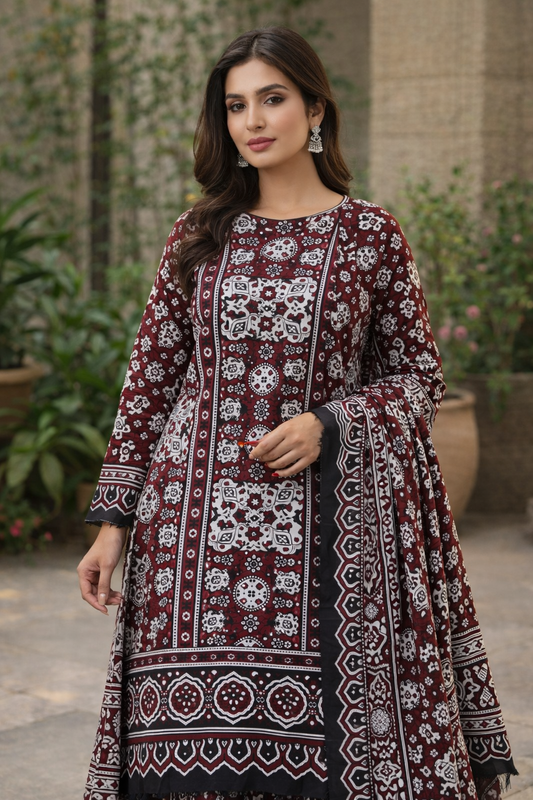 Ajrak Print Premium Lawn Cotton 3-Piece Unstitched Dress 👗