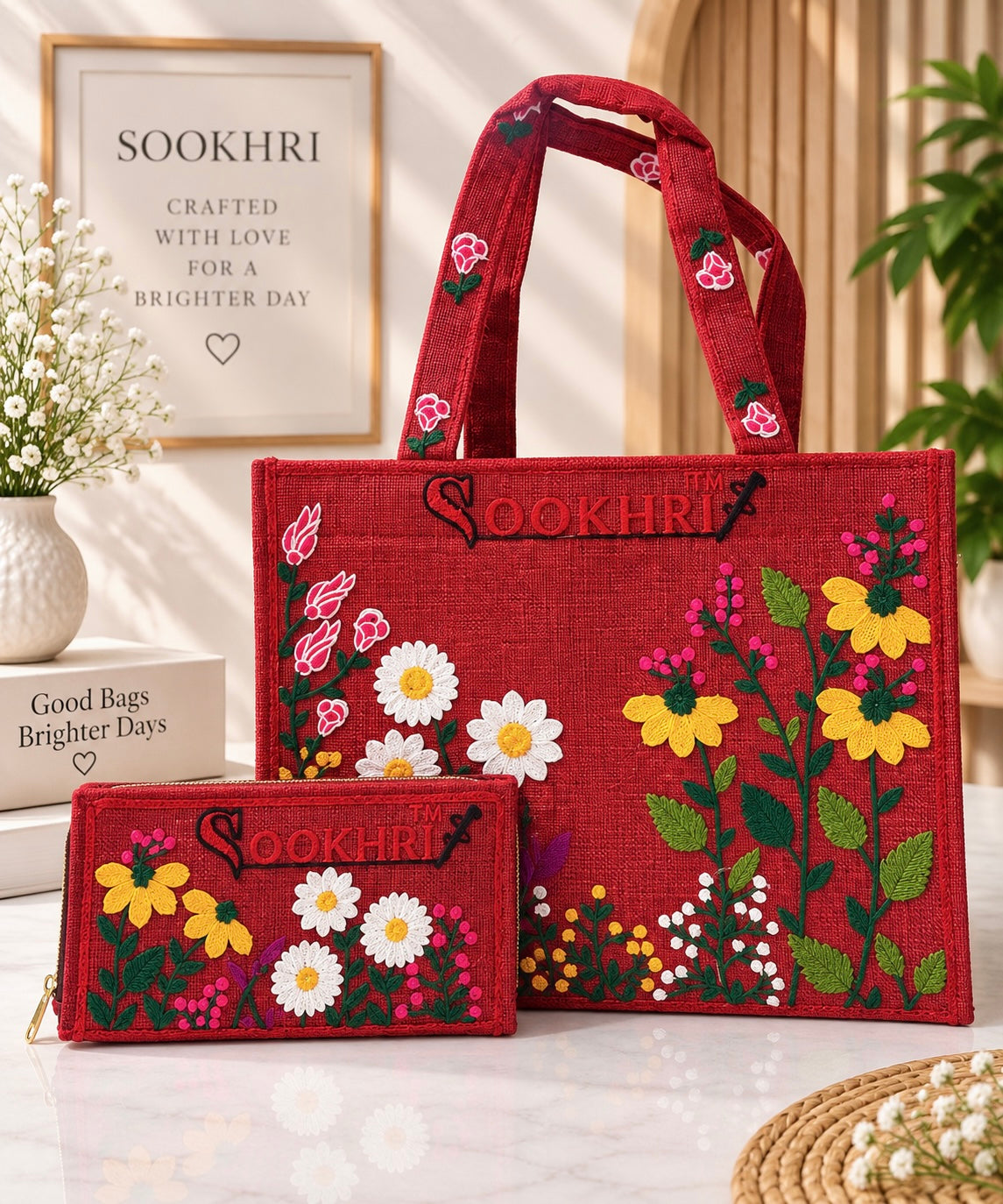 Premium Jute Fabric Floral Embroidered Tote Bag with Matching Clutch – Medium Size