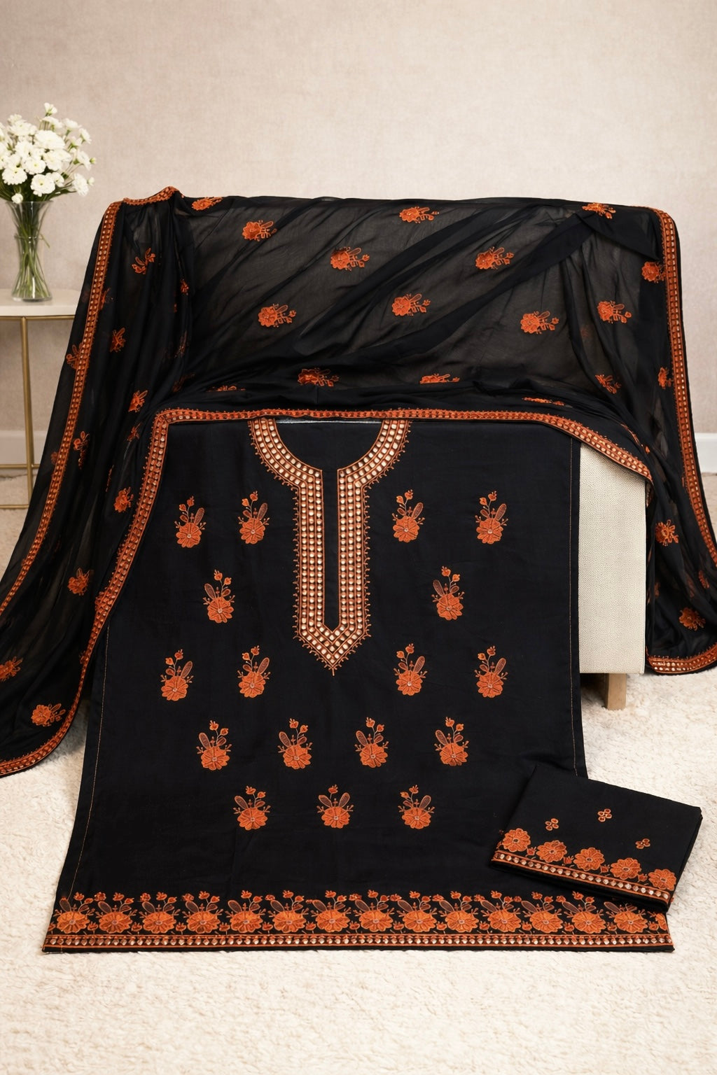 Luxury Black Sitara Sequin Embroidered 3-Piece Dress with Shefoon Dupatta