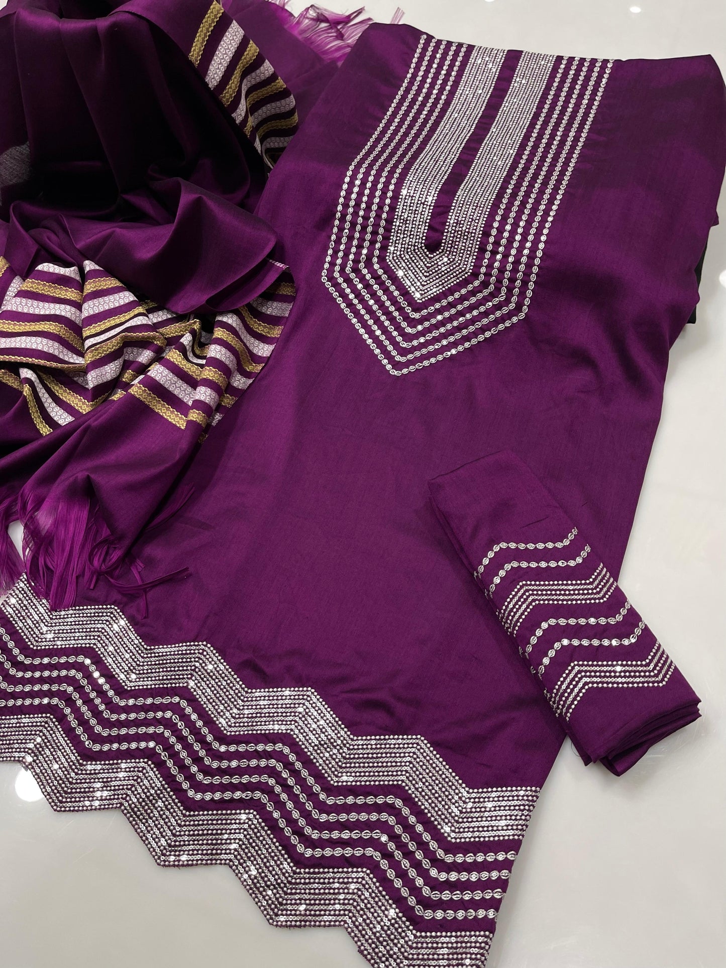 Winter Staple Susi 3-Piece Suit | Sequins Mukesh Work | Premium Thari Jacquard Shawl