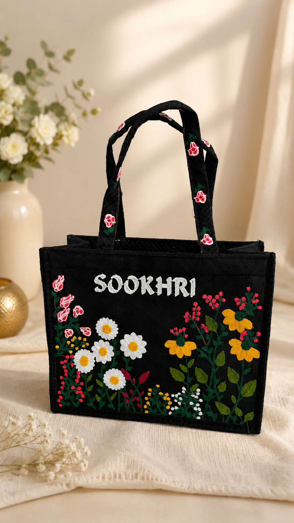 Sookhri Floral Embroidered Black Handbag – Soft Velvet Fabric