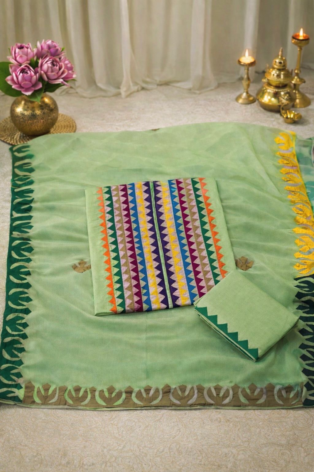 Multicolor Applique 3-Piece Dress – Soft Cotton with Chiffon Dupatta