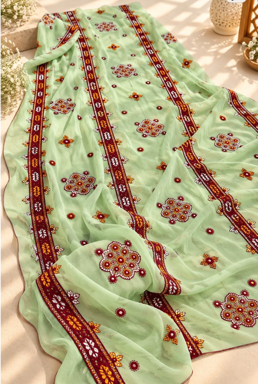 Crinkle Chiffon Balochi Four Panel Thick Thread Sitara Embroidery Chaddar