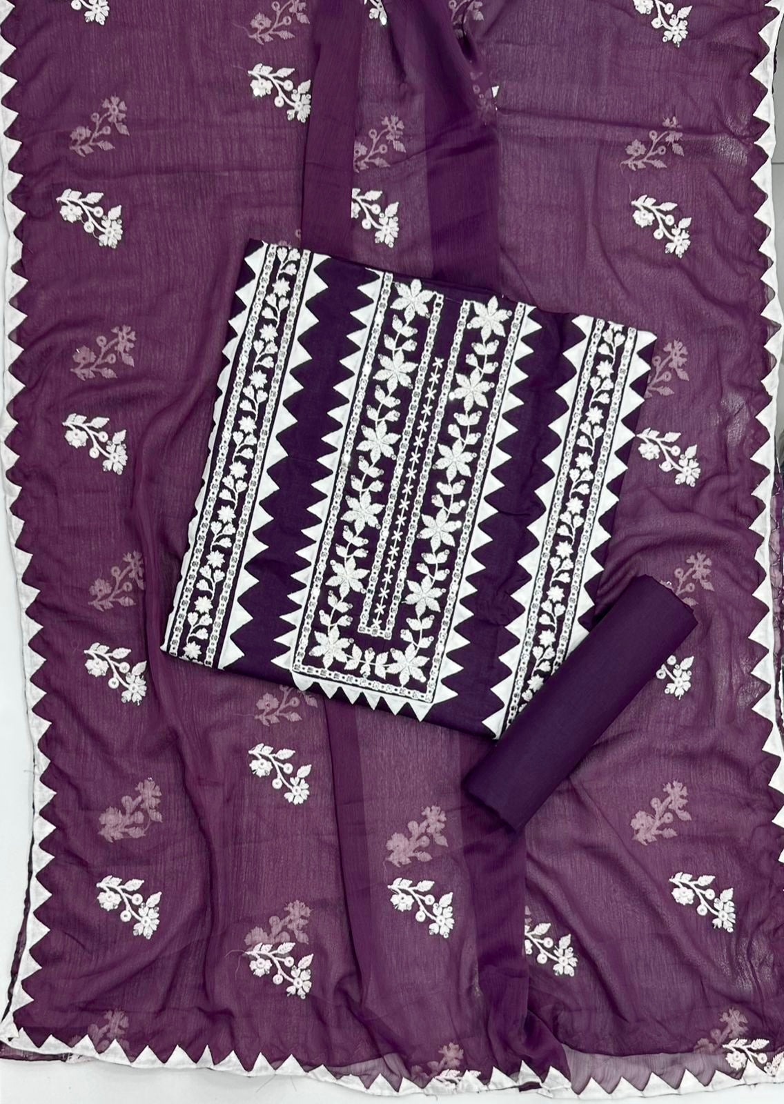 Elegant Applic+Thick Thread Work 3-Piece Cotton Suit
