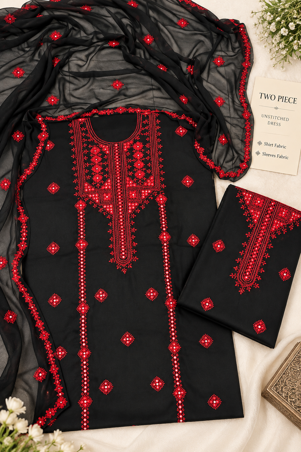 Korean Georgette Fabric Handmade Mirror Work with Heavy Sleeves Work - 2PC Unstitched Dress 👗