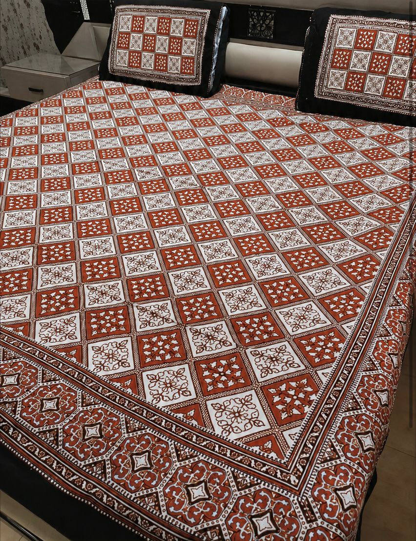 King Size Ajrak Block Hand Print Cotton Stuff Bedsheet Set with 2 Unstitched Pillow Covers