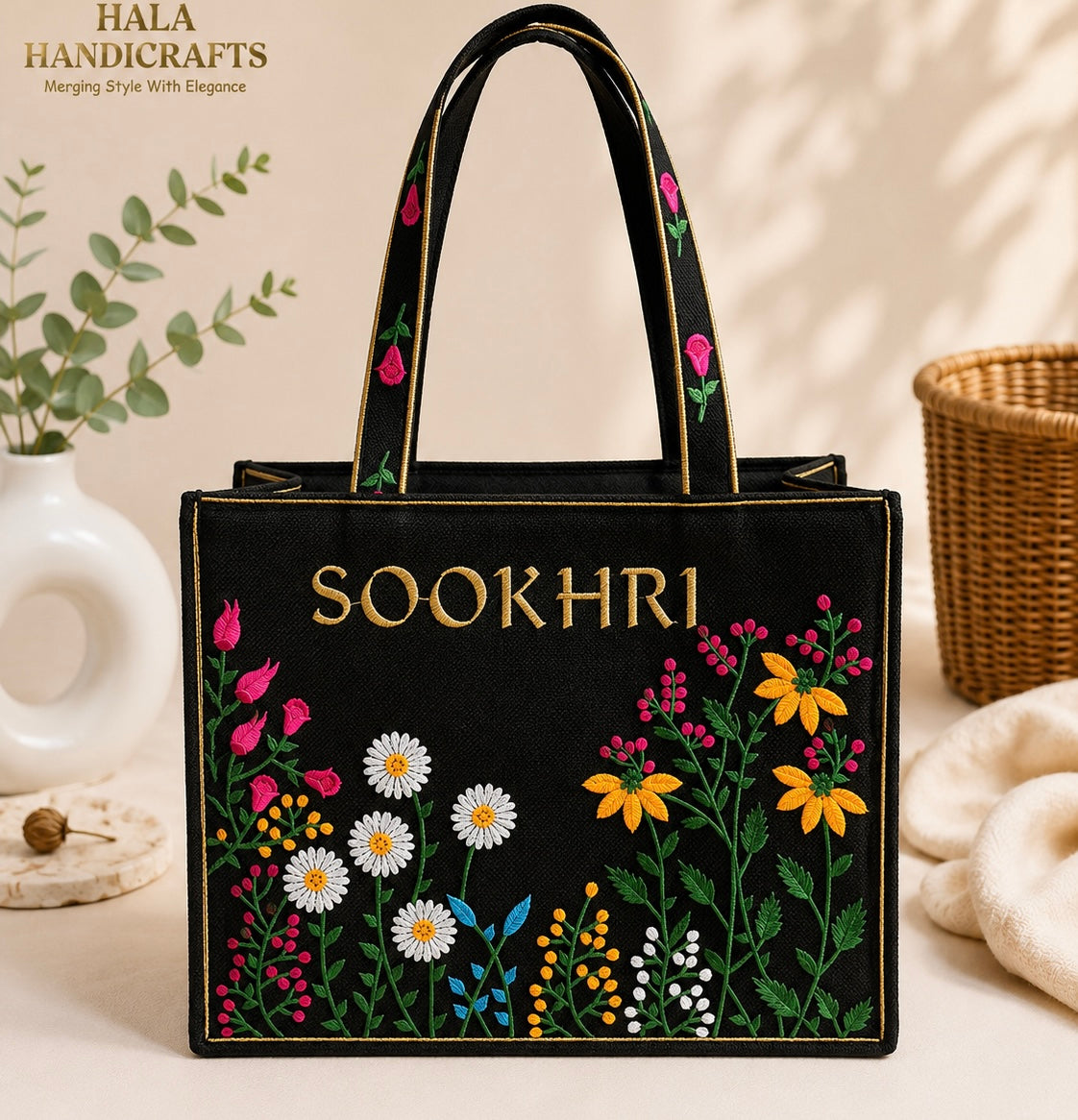 Floral Embroidered Jute Fabric Tote Bag – Medium Size