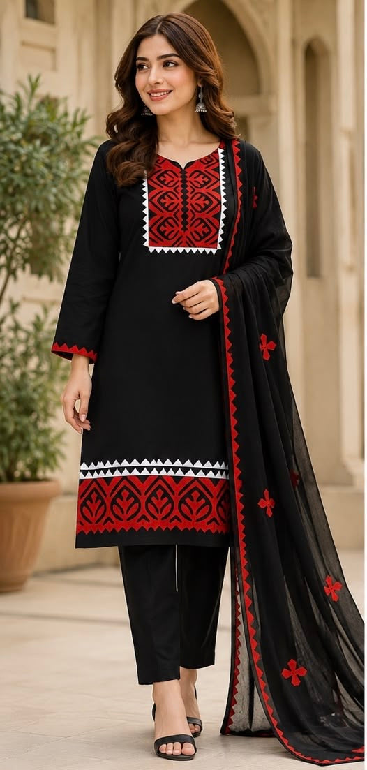 Handmade Applique Lawn Cotton with Chiffon Dupatta - 3PC Unstitch Dress