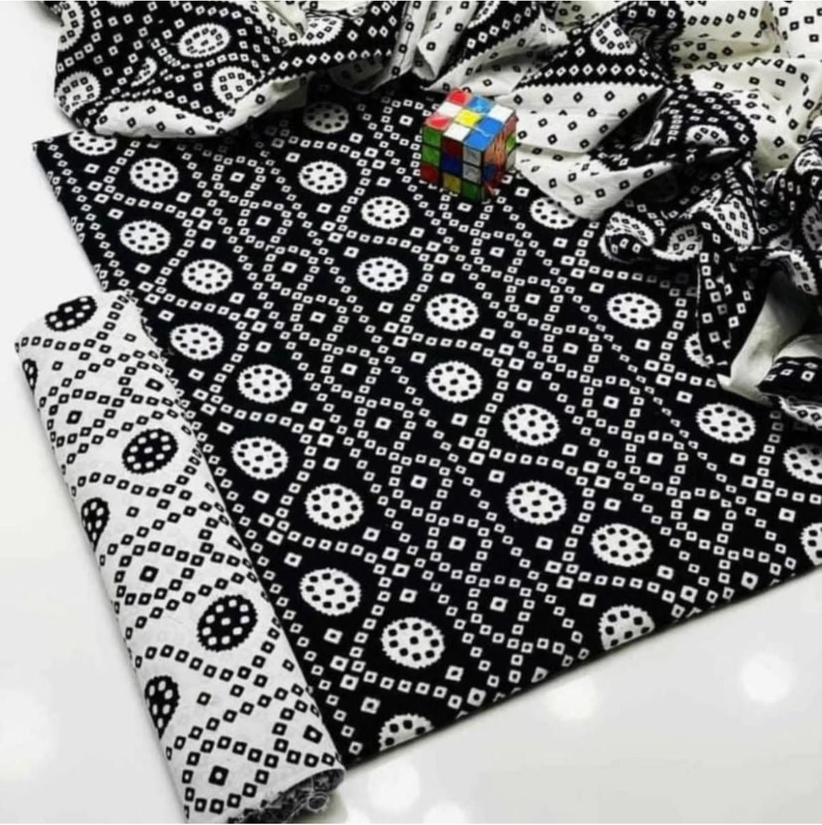 Black Ajrak Hand Block Print Cotton Unstitched 3-Piece Suit | All-Season Wear