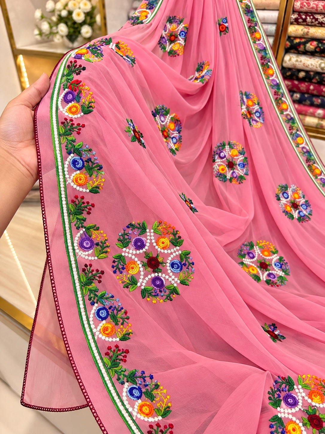 China Krinkle Chiffon Multi Flower Thick Thread Embroidered Ladies Chader