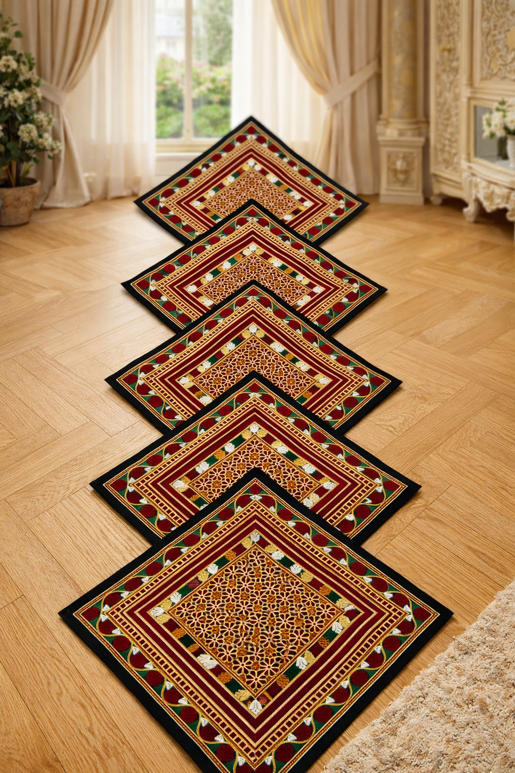 Traditional Embroidered Cushion Cover Set (5 Pieces) – 16x16 Inches