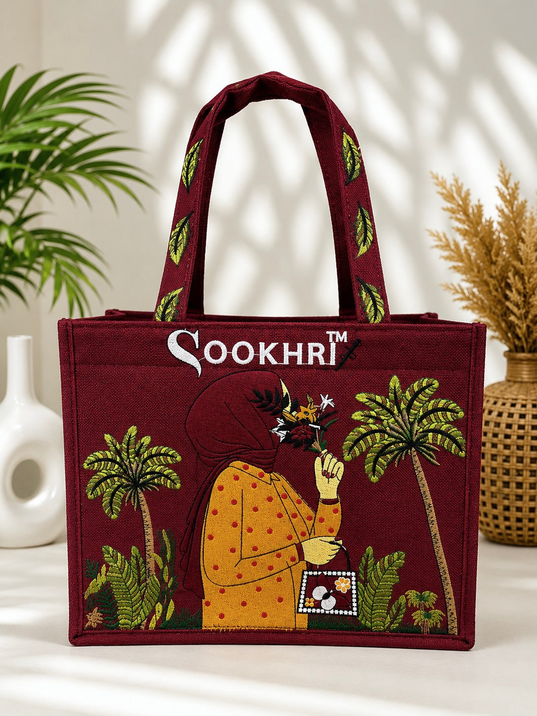 Sookhri Handcrafted Embroidered Jute Tote Bag for Women | Eco-Friendly Shopping & Everyday Handbag (15 Inches Length | 11.5 Inches Width)
