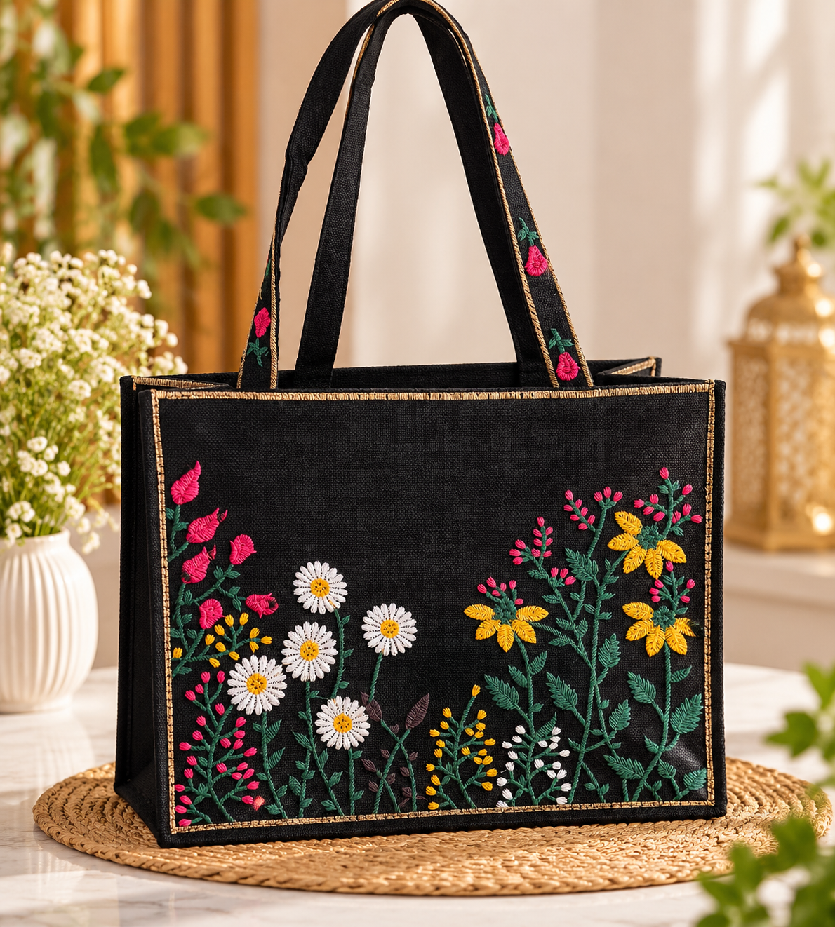 Premium Quality Jute Fabric Floral Computer Embroidered Shoulder Bag with Top Zip