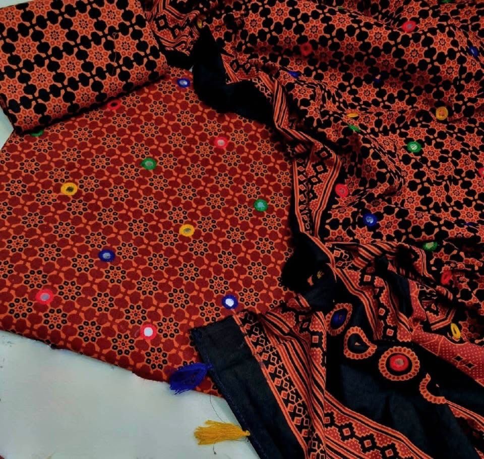 Ajrak Block Print Cotton 3-Piece Suit with Multi Sitara Foil Work – Hand-Dyed Traditional Elegance