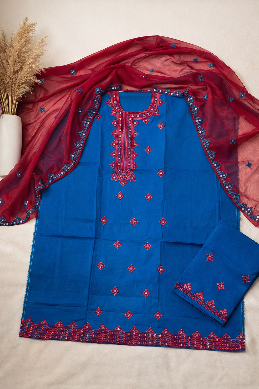 Soft Cotton Suit with 9mm Sitara Computer Embroidery & Contrast Chiffon Dupatta