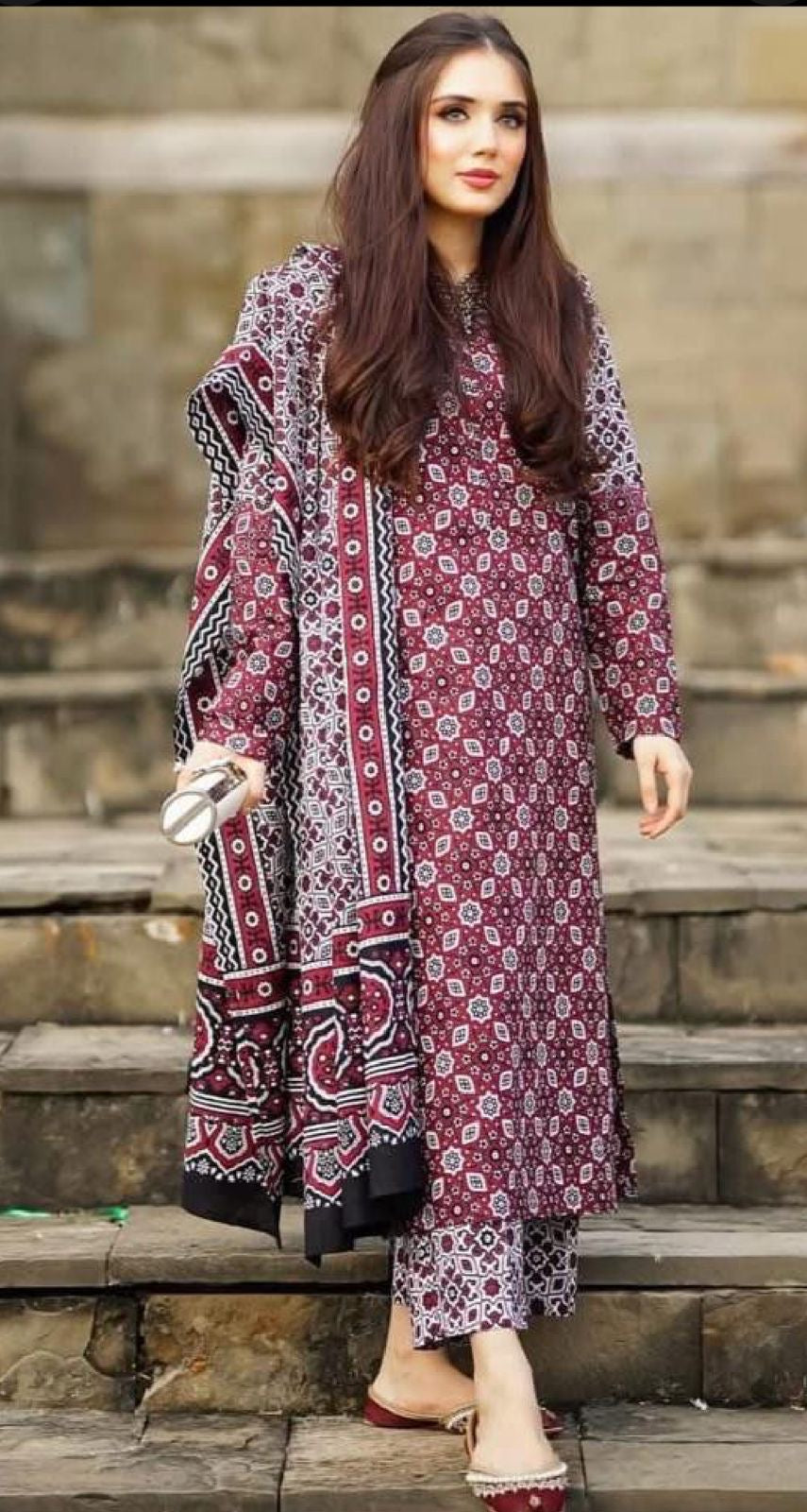 Hand Block Print Ajrak Cotton Unstitched 3-Piece Suit | All-Season Wear
