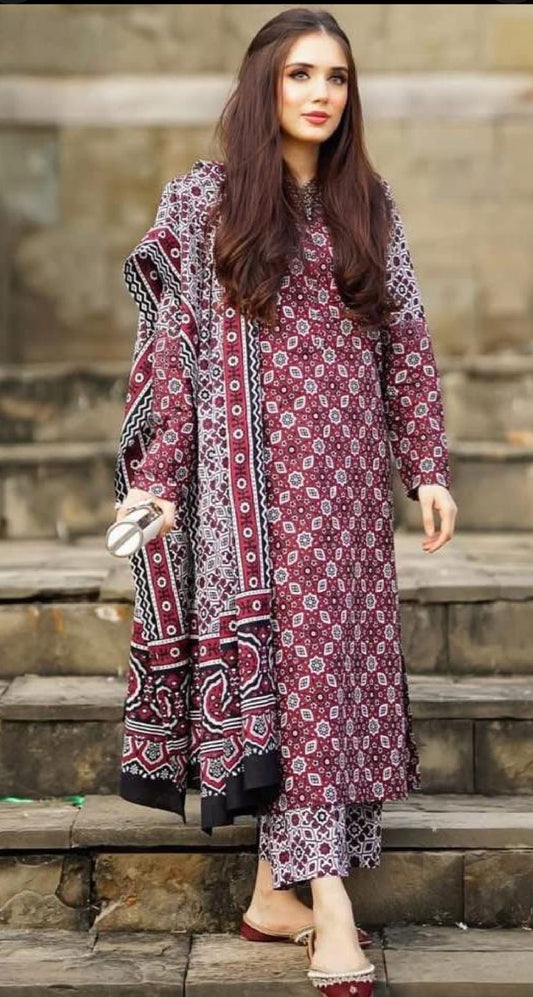 Hand Block Print Ajrak Cotton Unstitched 3-Piece Suit | All-Season Wear