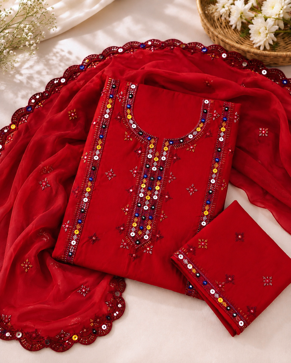 Balochi Thick Thread Embroidered Lawn Cotton with Two Side Cutwork Border Embroidered Dupatta - 3PC Unstitch Dress 👗