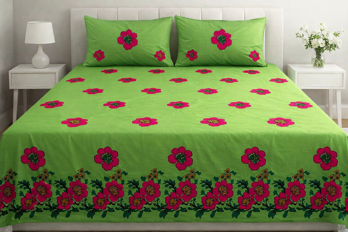 Floral Arri Embroidered Work King Size Double Bed Bedsheet With Two Stitched Pillow Covers
