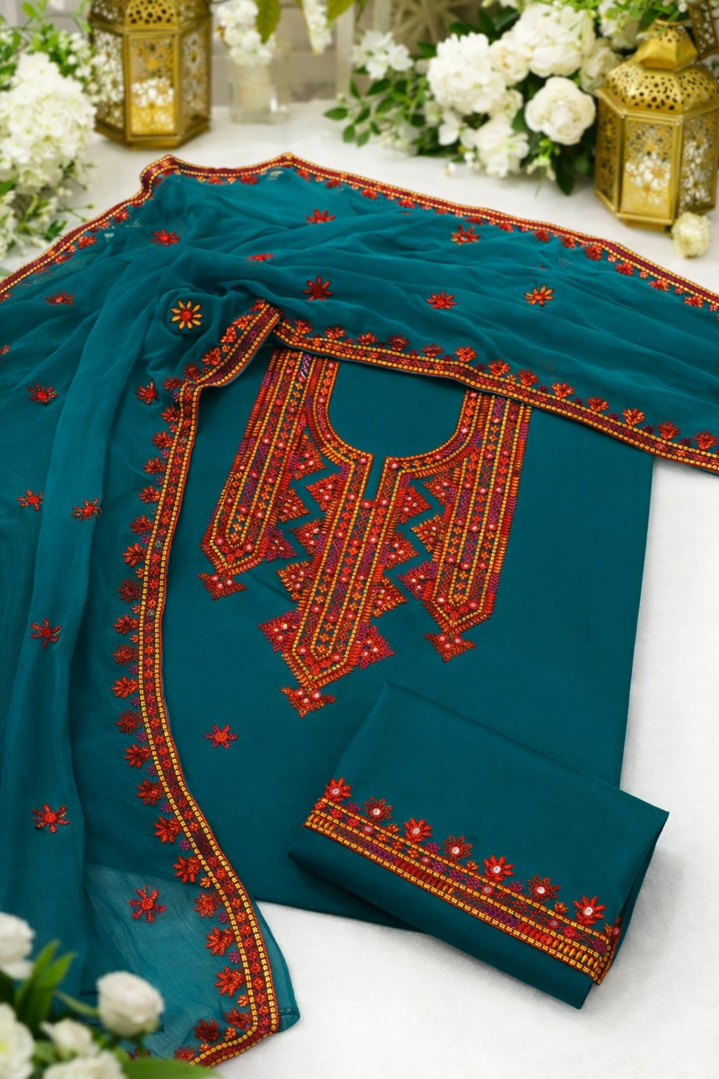 Balochi Aari Sitara Foil Work Embroidered Soft Cotton with Chiffon Dupatta - 3PC Unstitch Dress 👗