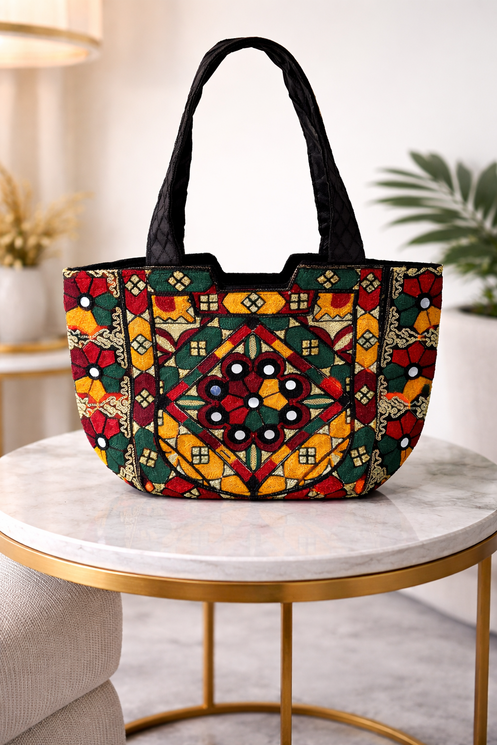 Multi-Color Arri Embroidery Tokri Bag with Top Zip – Ethnic Shoulder Tote for Women (Medium Size)