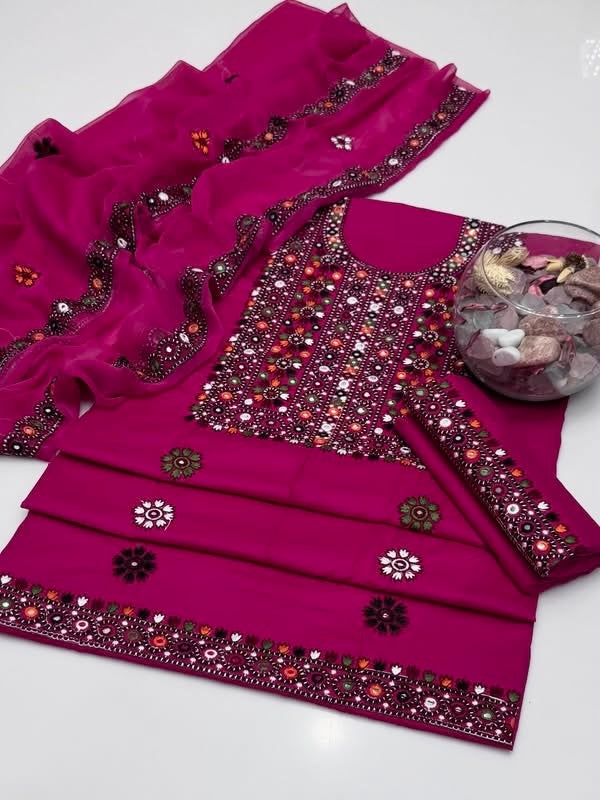 Balochi Multi Thick Thread 9MM Sitara Heavy Embroidered Lawn Cotton with Chiffon Dupatta – 3PC Unstitched Dress