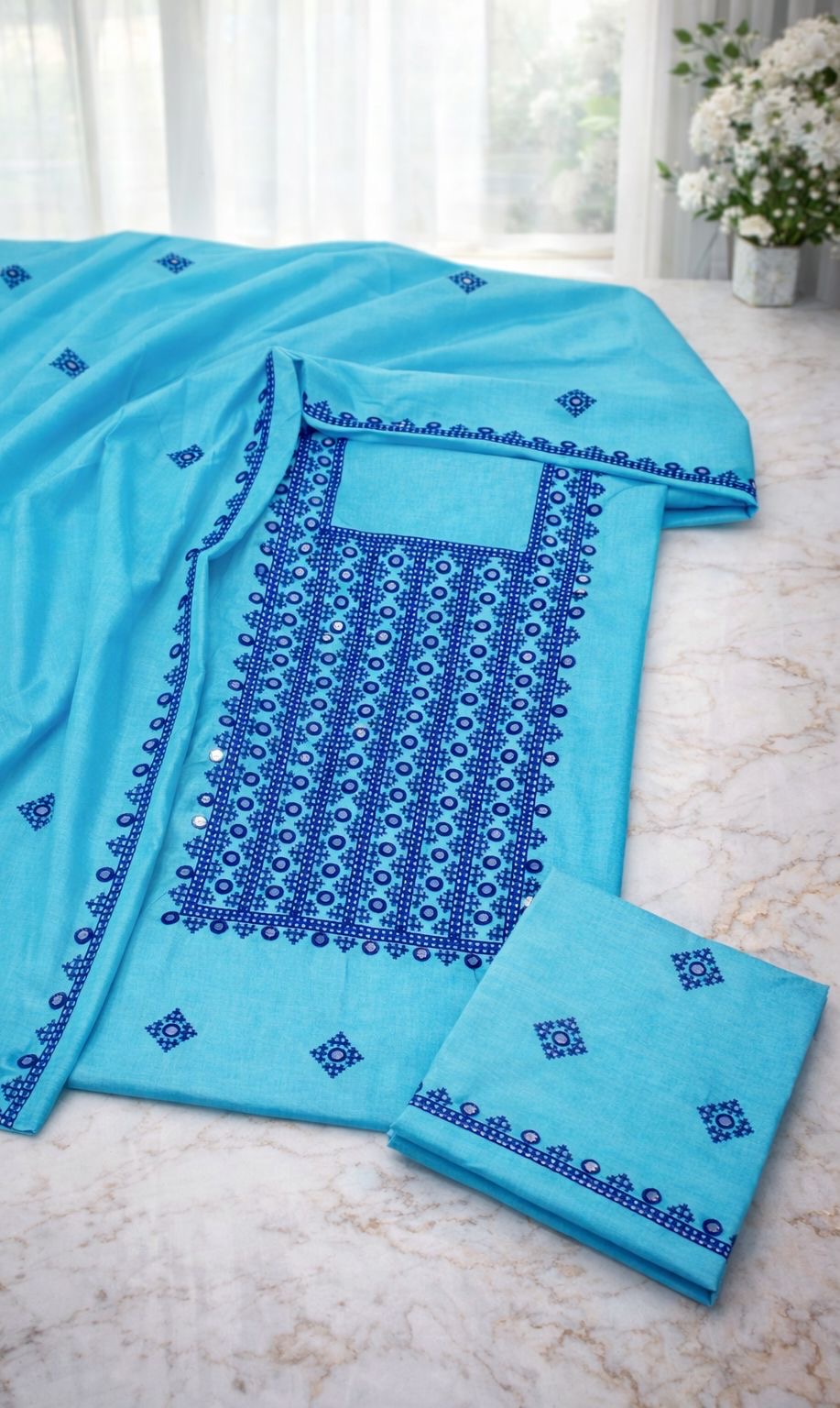 Sindhi Hurmucha Style Soft Cotton 3-Piece Suit with 9MM Sitara Computer Embroidery